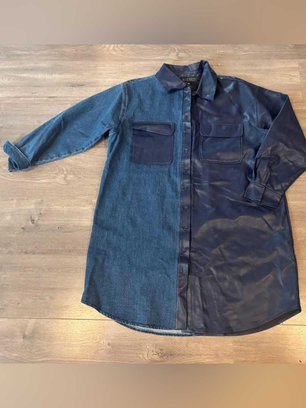 Eloquii Two-Tone Navy Denim & Faux-Leather Shirt Jacket
